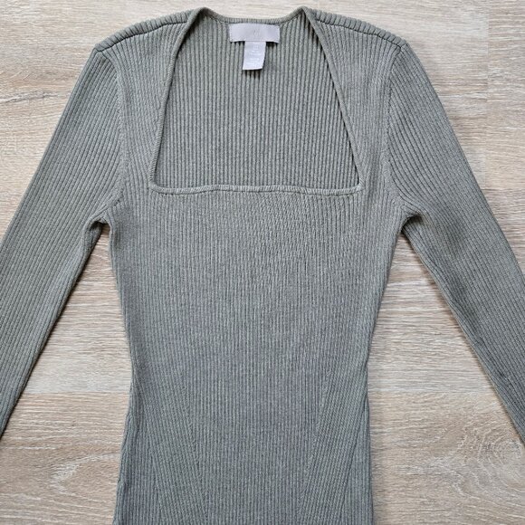 H&M Khaki Green Rib Knit Long Sleeve Midi Dress With Square Neckline Size Small - Picture 6 of 17